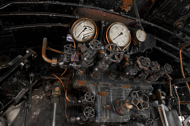 Antique steam locomotive cocpit knobs stock photo