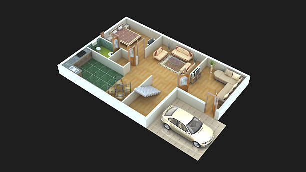 Interior plan9 for home ground floor - 3D 3D interior design for home (ground floor), with car beautiful furnitures and flooring and having hall,bedroom,kitchen, and parking with black in background. the clinton foundation stock pictures, royalty-free photos & images
