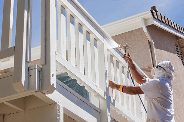 House Painter Spray Painting A Deck of A Home House Painter Wearing Facial Protection Spray Painting A Deck of A Home. house painter ladder paint men stock pictures, royalty-free photos & images