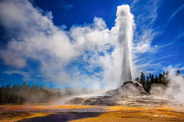 géiser erupción castillo de yellowstone - parque nacional de yellowstone fotografías e imágenes de stock