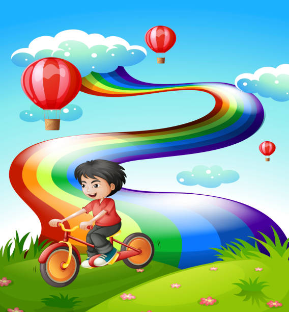 boy サイクリングでは、丘の上に虹 - computer graphic multi colored single flower cloud点のイラスト素材／クリップアート素材／マンガ素材／アイコン素材