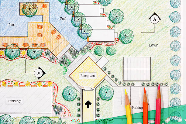 istock Colored pencil illustration of landscape design for hotel 468059018