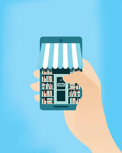 Vector illustration of A cartoon image of a hand accessing a bookstore from a phone