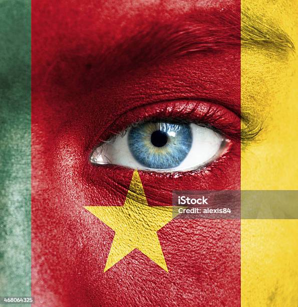Human Face Painted With Flag Of Cameroon Stock Photo - Download Image Now - Adult, Adults Only, Cameroon