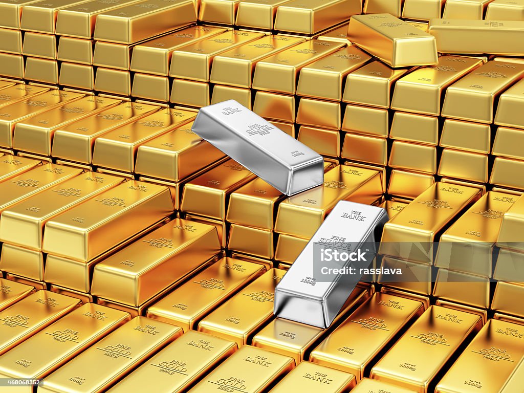 Stack of Golden and Silver Bars in the Bank Vault Business, Financial, Bank Gold Reserves Concept. Stack of Golden and Silver Bars in the Bank Vault Abstract Background Gold - Metal Stock Photo