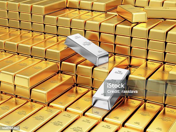 Stack Of Golden And Silver Bars In The Bank Vault Stock Photo - Download Image Now - Gold - Metal, Gold Colored, Silver - Metal