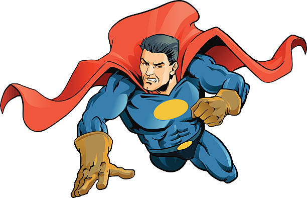 ilustrações de stock, clip art, desenhos animados e ícones de determinado masculino de super-herói em acção a voar-isolada - superhero cape confidence futuristic