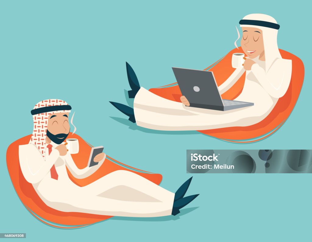 Arab Businessman Chat Laptop Mobile Phone Drink Coffee Tea Symbol Arab Businessman Chat Laptop Mobile Phone Drink Coffee Tea Symbol Icon Stylish Background Retro Cartoon Design Vector Illustration Alcohol - Drink stock vector