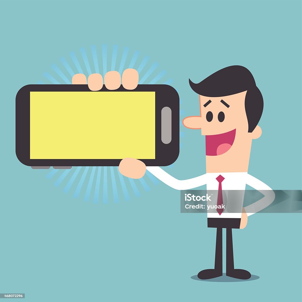 Hombre mostrando smartphone - arte vectorial de 2015 libre de derechos