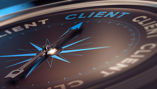Client Compass with needle pointing the word client, concept image to illustrate CRM, customer relationship management. panning for gold photos stock pictures, royalty-free photos & images