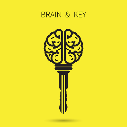 Creative brain sign with key symbol. Key of success. Business and education idea concept. Vector illustration.
