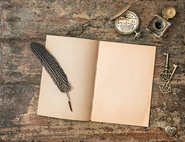 istock Open book and vintage writing accessories. Textured wooden background 468073786