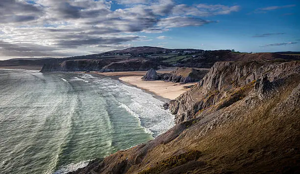 Three Cliffs Bay on the south coast of the Gower peninsular in Swansea, south Wales.