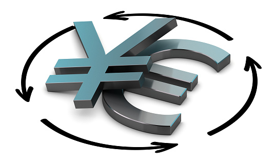 Euro and Yen symbols with four circular arrows over white background , Illustration of exchange between two currencies.