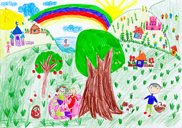 istock people relax on meadow near the village. child drawing 468074510