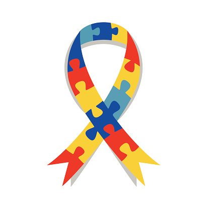 Autism social awareness ribbon, puzzle pattern, vector illustration symbol, isolated white background