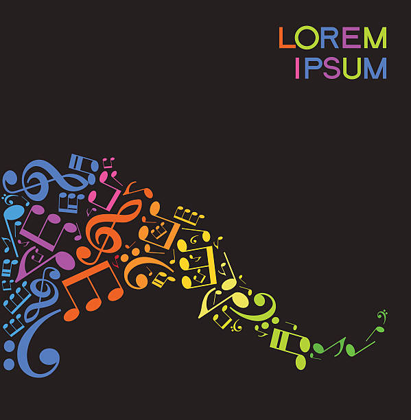 Colorful stream of musical notes on a black background Colorful musical notes in the form of a graceful wave on a black background bass guitar wallpaper stock illustrations