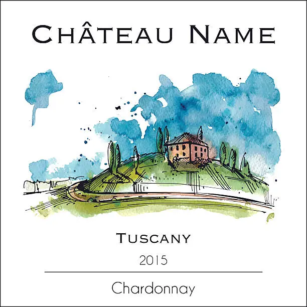 Vector illustration of Wine lable with a watercolor illustration of Tuscany