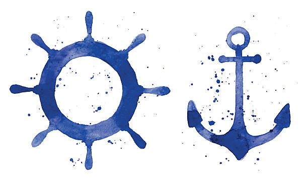 ilustrações de stock, clip art, desenhos animados e ícones de ilustração em aquarela de uma âncora e um volante de direcção - nautical vessel pattern rope tattoo