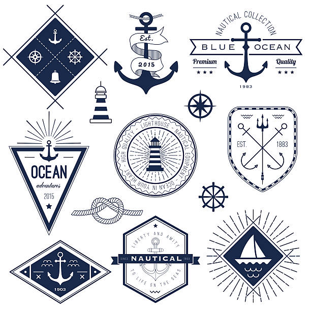 satz von nautischen embleme und logos, marken - trident stock-grafiken, -clipart, -cartoons und -symbole