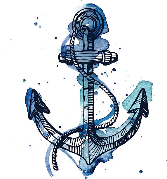 ilustrações de stock, clip art, desenhos animados e ícones de aguarela e tinta ilustração de uma âncora - nautical vessel pattern rope tattoo