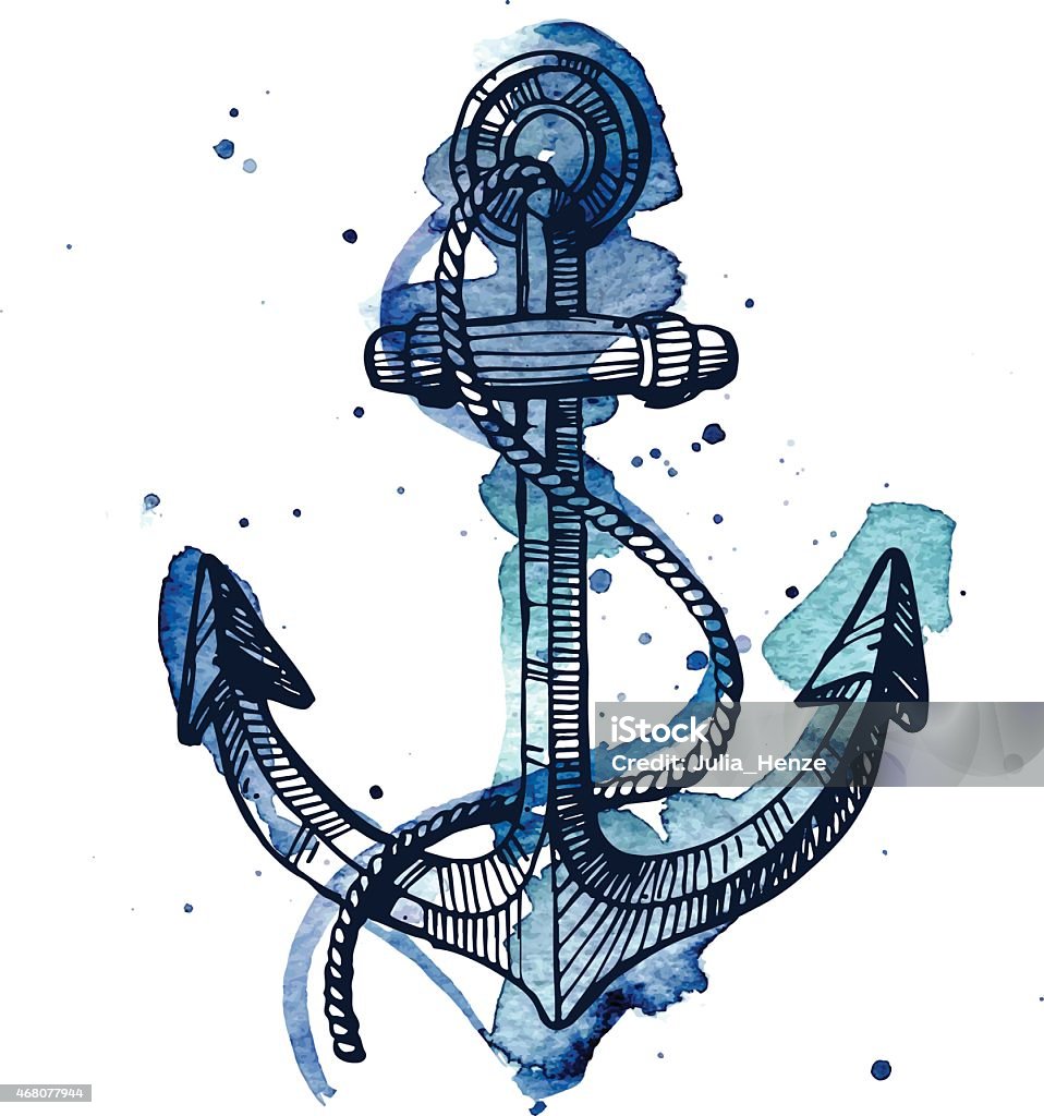 Watercolor and ink illustration of an anchor Watercolor and ink illustration of an anchor. The watercolor and ink drawings are two different layers. Anchor - Vessel Part stock vector