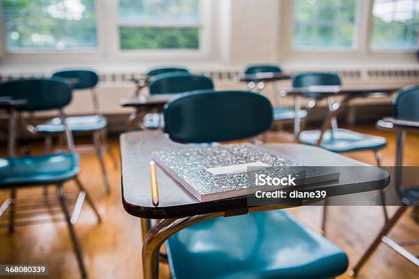 School Desks In A Classroom Stock Photo - Download Image Now - Classroom, School Building, No People
