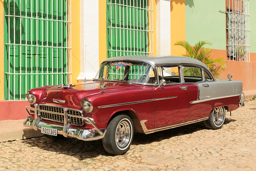 Trinidad, Cuba - February 7, 2014: Old cuban 1955 chevrolet car in a street in the town of Trinidad, Cuba.