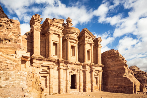 Wadi Musa, November 2, 2021: Streets of facades in the historic and archaeological city of Petra against blue sky