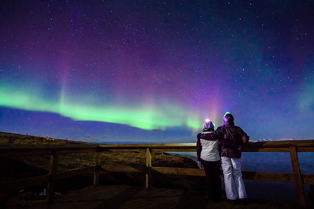 Hugged couple gazing to Northern lights Aurora Borealis in Iceland Young adventurist couple hugged while gazing in the dark night sky under the spectacular celestial lights Aurora Borealis, which makes Iceland popular spot for tourist willing to witness one of the greatest natural phenomenon. Shot with Canon EOS, wide angle lens, f2.8, long exposure. aurora borealis photos stock pictures, royalty-free photos & images