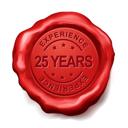 25 years experience red wax seal over white background