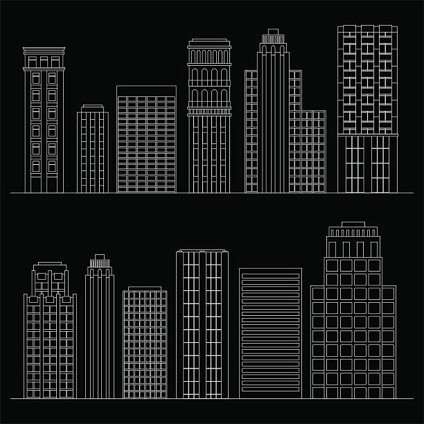 illustrazioni stock, clip art, cartoni animati e icone di tendenza di set di linea grattacieli. bianco e nero - plan urban scene city life construction