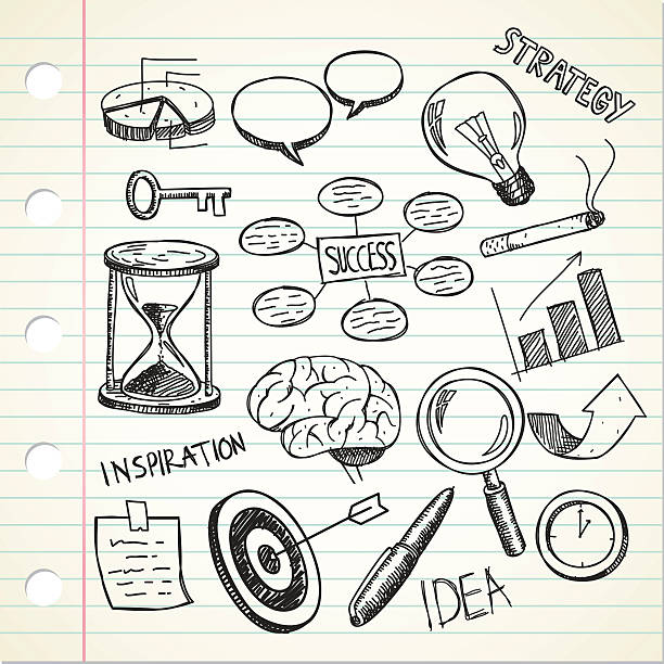 bildbanksillustrationer, clip art samt tecknat material och ikoner med set of sketchy business doodle - brain magnifying