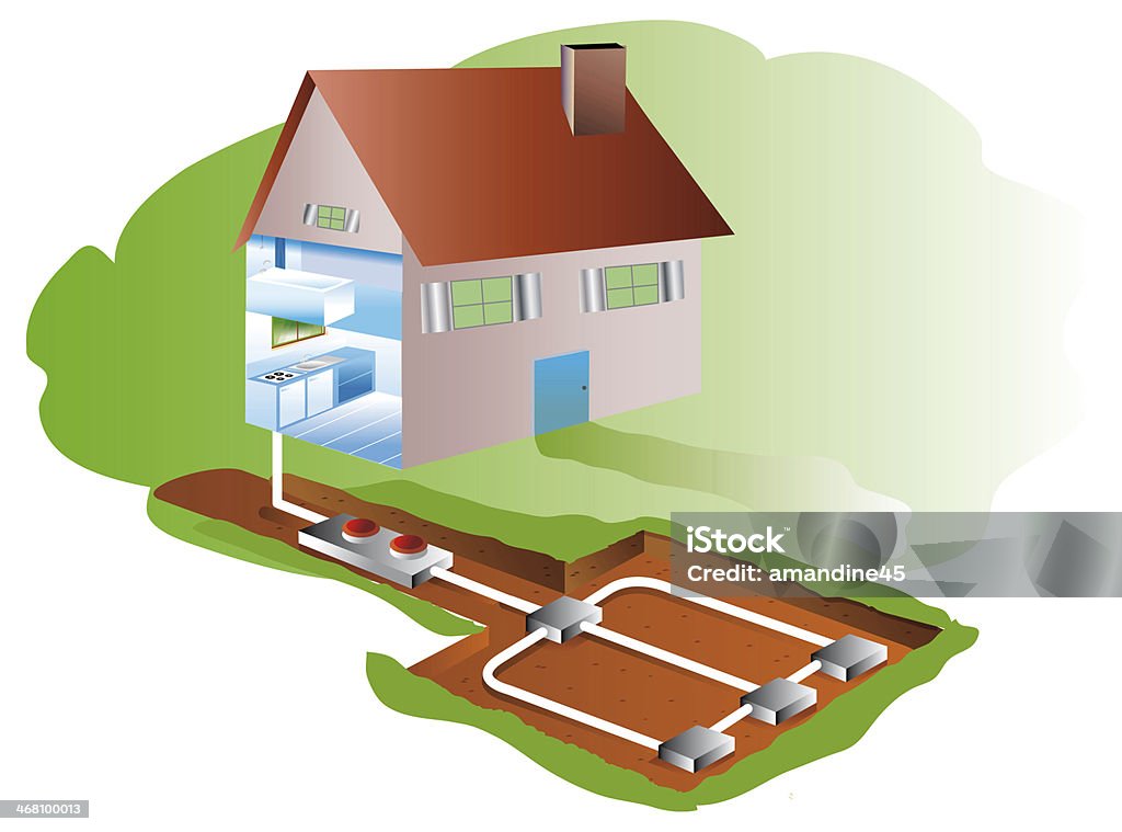 geothermics and air-conditioning house with geothermic air-conditioning and heating in basement Air Conditioner Stock Photo