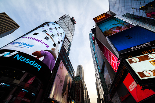 New York City, NY, USA - December 4, 2014: View of Times Square, NYC. Billboards visible include Nasdaq, and Sony.