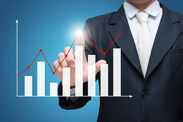 istock Businessman standing posture hand touch graph finance isolated 468102506