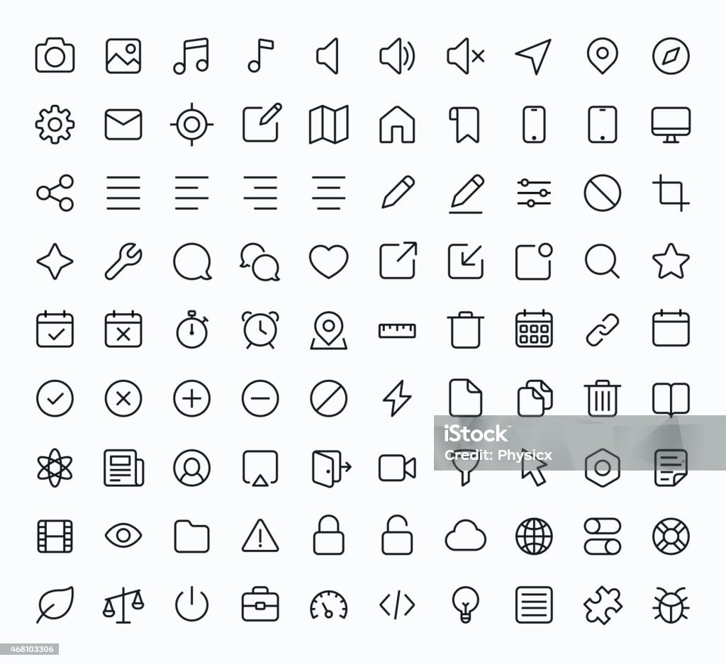 Black and white technology icons Outline vector icons for web and mobile. Thin 2 pixel stroke & 60x60 resolution Icon stock vector