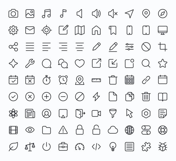 Black and white technology icons Outline vector icons for web and mobile. Thin 2 pixel stroke & 60x60 resolution simplicity stock illustrations
