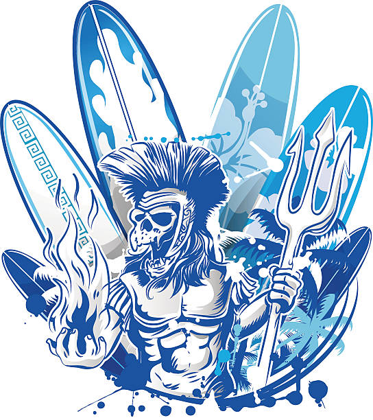 poseidon zgon surfer na tle deska surfingowa - statue roman god neptune men stock illustrations