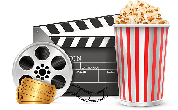 istock Cinema clapper film reel drink popcorn and tickets. 468103332