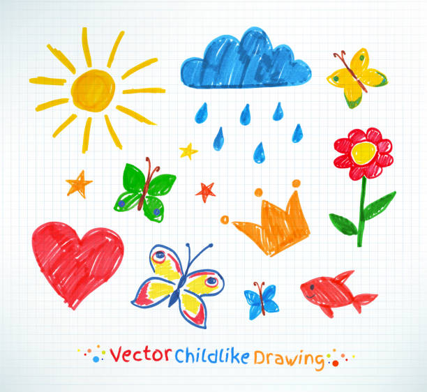 sommer-filz stift kind zeichnung - kinderzeichnung stock-grafiken, -clipart, -cartoons und -symbole