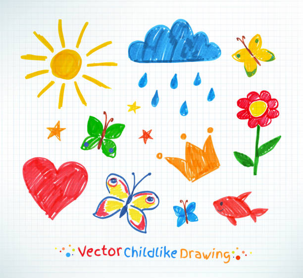 Summer felt pen child drawing Summer felt pen child drawing on checkered school notebook paper. Vector set. childs drawing stock illustrations