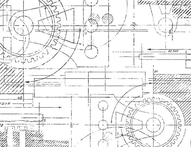 Technical Drawing Grungy technical drawing illustration of gears and engineering parts blueprint drawings stock illustrations