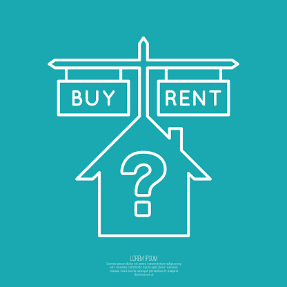 Concept of choice between buying and tenancy. House symbol with pointers and the question