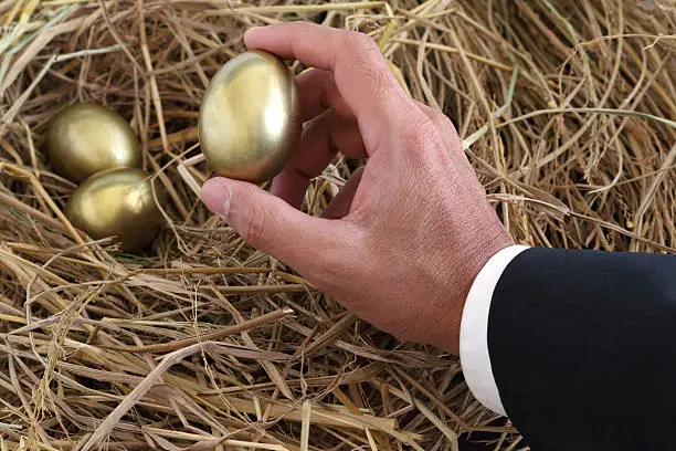 Photo of businessman holding golden egg from nest