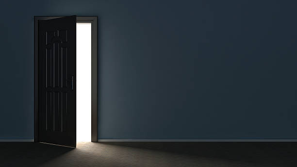 istock 3d render of light in empty room through opened door 468110900