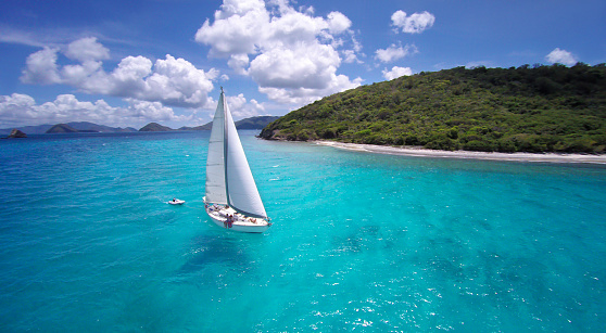 aerial view of a sloop under full sails sailing through the Caribbean
