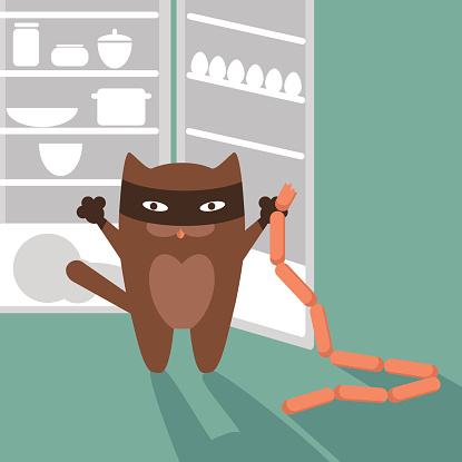 Cat, sausages and refrigerator. Vector illustration