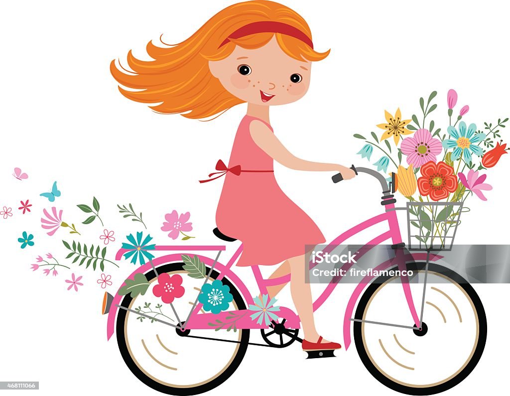 Summer little girl Happy little girl with bunch of flowers riding a bike. Bicycle stock vector