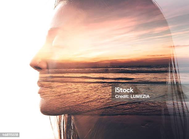 Double Exposure Portrait Of A Woman And The Beach Stock Photo - Download Image Now - Multiple Exposure, Women, One Woman Only